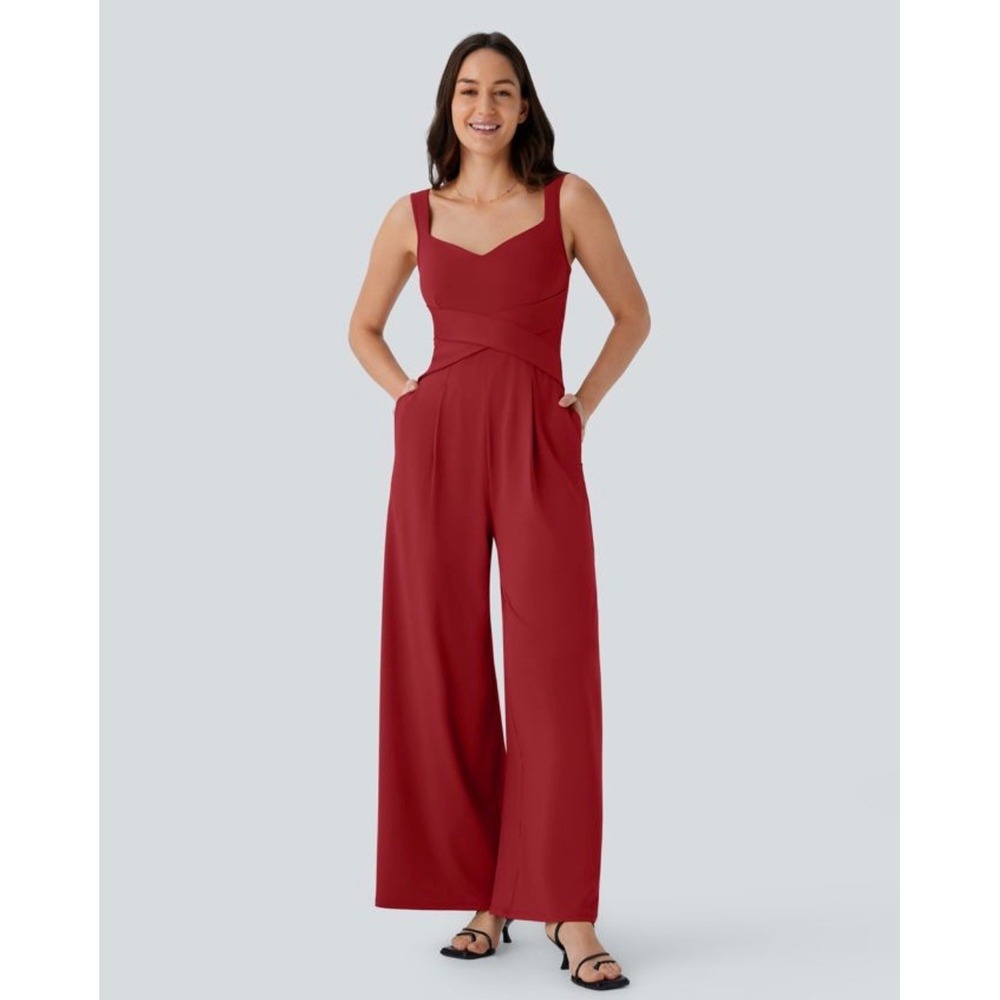 Halara U Back Sleeveless Wide Leg Jumpsuit With Pockets Emboldened Red Large NWT